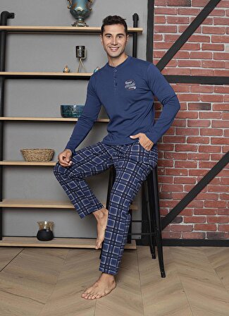 Erkek Pijama Takımı İnterlok Altı Ekoseli Pamuklu Mevsimlik M70082270