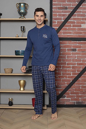 Erkek Pijama Takımı İnterlok Altı Ekoseli Pamuklu Mevsimlik M70082270