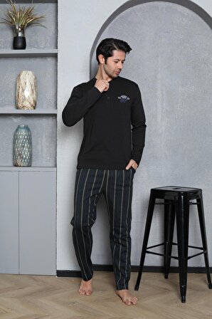 Erkek Pijama Takımı İnterlok Altı Çizgili Pamuklu Mevsimlik M70102272