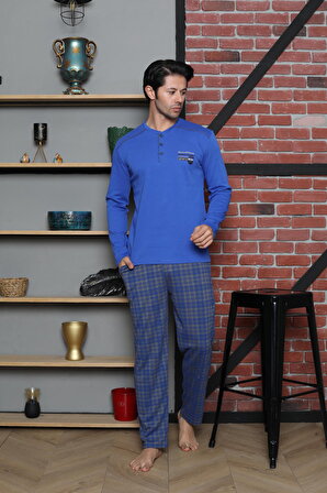 Erkek Pijama Takımı İnterlok Omuz Parçalı Altı Ekoseli Pamuklu Mevsimlik M70112273
