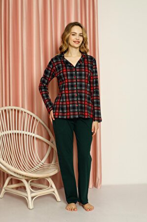 Kadın Pijama Takımı Ekose Boydan Düğmeli Üst Desenli Altı Düz Pamuklu Mevsimlik W20502277