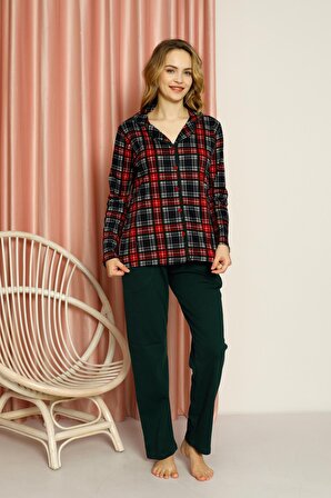 Kadın Pijama Takımı Ekose Boydan Düğmeli Üst Desenli Altı Düz Pamuklu Mevsimlik W20502277