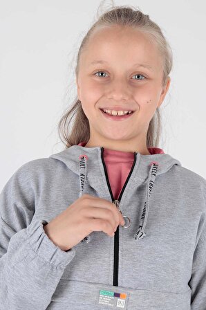 Kids Kız Kapşonlu Sweat Uzun Kollu Fermuarlı Sweatshirt Pamuklu Ak15260