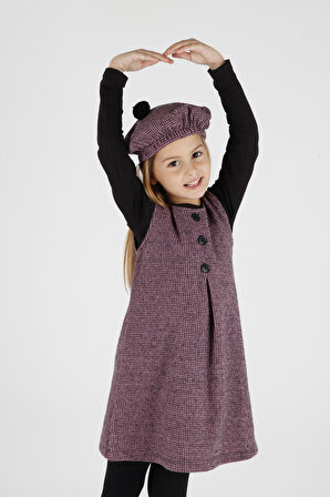 Kız Çocuk Düğme Detaylı Badili Şapkalı Elbise Ak2403