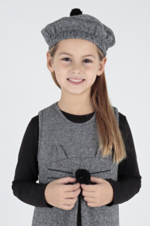 Kız Çocuk Şapkalı Badi Elbise 3 Parça Set Kedi Detaylı Pamuklu Ak2402