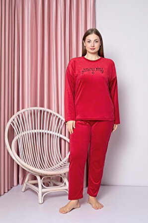 Kadın Pijama Takımı Büyük Beden Fransız Kadife Energy Baskılı Lastikli Kışlık Mevsimlik W40032289