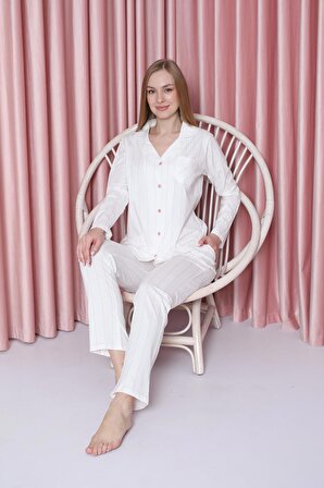 Kadın Pijama Takımı Süprem Uzunkol İnce Çizgili Ceket Yaka Pamuklu Mevsimlik W20602299
