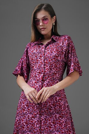 Pembe Dökümlü Kol Kuşaklı Dokuma Maxi Gömlek Elbise
