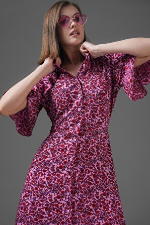 Pembe Dökümlü Kol Kuşaklı Dokuma Maxi Gömlek Elbise