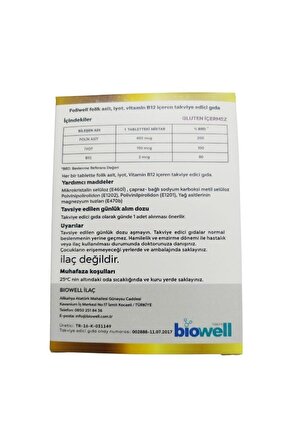 Foliwell 90 Tablet - Folik Asit İyot Vitamin B12 - SKT : 03/2026