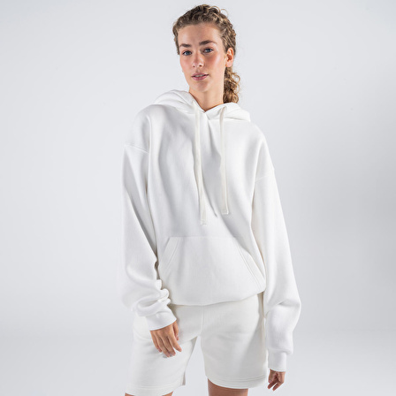 Agar Kadın Kırık Beyaz Kanguru Cepli Kapüşonlu Oversize Hoodie Sweatshirt  | M