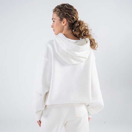 Agar Kadın Kırık Beyaz Kanguru Cepli Kapüşonlu Oversize Hoodie Sweatshirt  | M