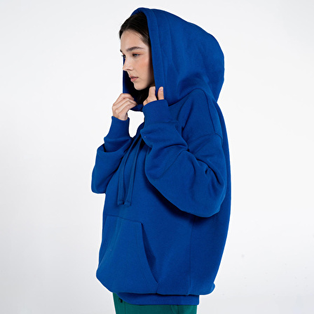 Agar Kadın Saks Mavisi Kanguru Cepli Kapüşonlu Oversize Hoodie Sweatshirt  | S