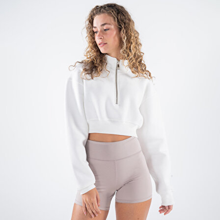James Kadın Kırık Beyaz Dik Yaka Oversize Yarı Fermuarlı Crop Sweatshirt  | XL