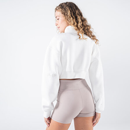 James Kadın Kırık Beyaz Dik Yaka Oversize Yarı Fermuarlı Crop Sweatshirt  | XL