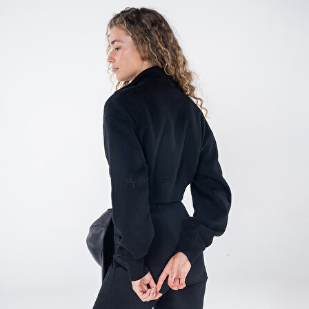 James Kadın Siyah Dik Yaka Oversize Yarı Fermuarlı Crop Sweatshirt  | S