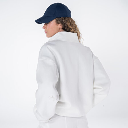 James Kadın Kırık Beyaz Dik Yaka Oversize Yarı Fermuarlı Sweatshirt  | M