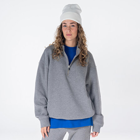 James Kadın Gri Melanj Dik Yaka Oversize Yarı Fermuarlı Sweatshirt  | M