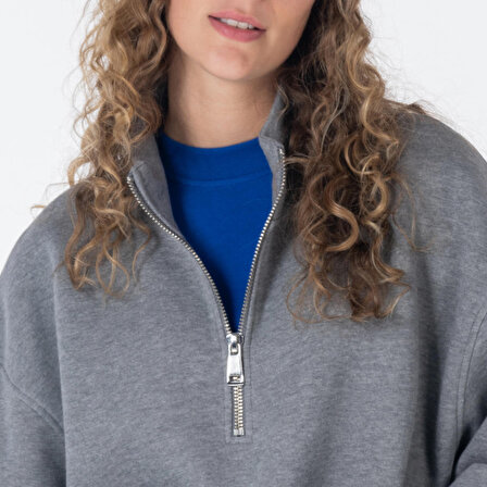 James Kadın Gri Melanj Dik Yaka Oversize Yarı Fermuarlı Sweatshirt  | M