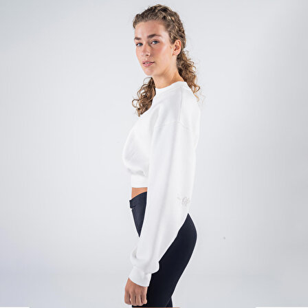 Monica Kadın Kırık Beyaz Oversize Bisiklet Yaka Crop Sweatshirt | S