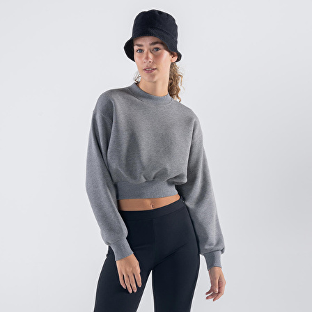 Monica Kadın Gri Melanj Oversize Bisiklet Yaka Crop Sweatshirt | M