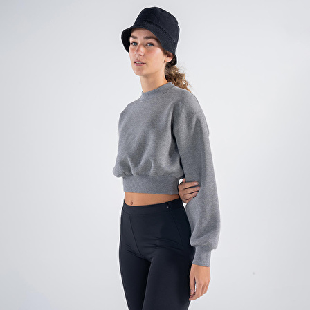 Monica Kadın Gri Melanj Oversize Bisiklet Yaka Crop Sweatshirt | M