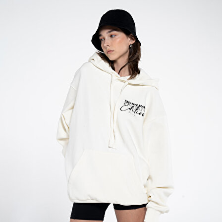 Teo Kadın Beyaz Kanguru Cepli Kapüşonlu Şardonlu Oversize Sweatshirt Hoodie | M