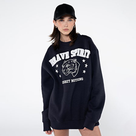 Troy Kadın Koyu Mavi Oversize Sweatshirt | L