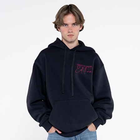 Teo Erkek Koyu Mavi Kanguru Cepli Kapüşonlu Oversize Sweatshirt Hoodie  | M