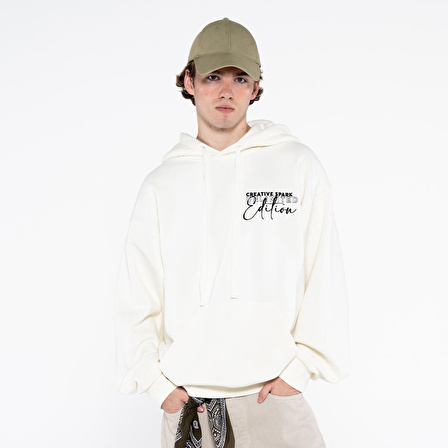 Teo Erkek Kırık Beyaz Kanguru Cepli Kapüşonlu Oversize Sweatshirt Hoodie  | S