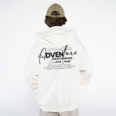 Teo Erkek Kırık Beyaz Kanguru Cepli Kapüşonlu Oversize Sweatshirt Hoodie  | S