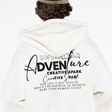 Teo Erkek Kırık Beyaz Kanguru Cepli Kapüşonlu Oversize Sweatshirt Hoodie  | S