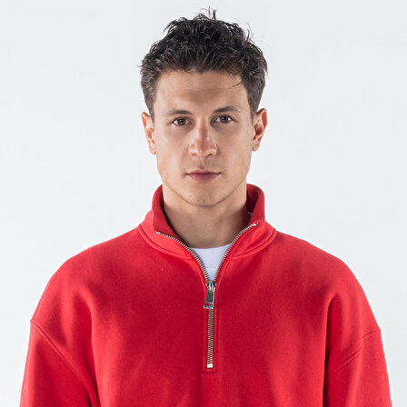 James Erkek Kırmızı Dik Yaka Oversize Yarı Fermuarlı Sweatshirt  | M