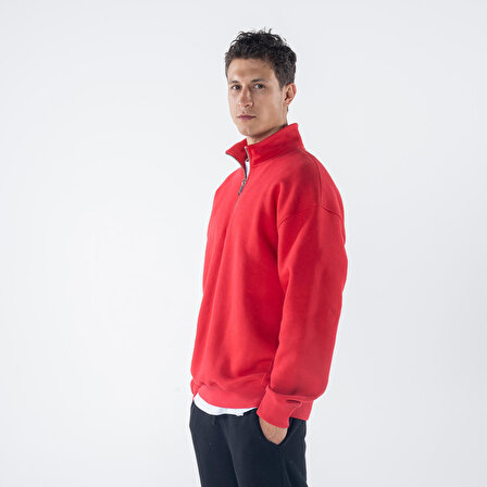 James Erkek Kırmızı Dik Yaka Oversize Yarı Fermuarlı Sweatshirt  | L