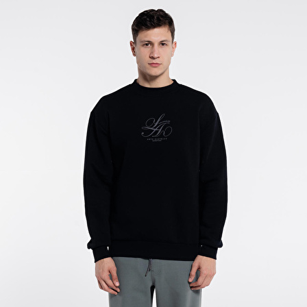 Dom Erkek Siyah Bisiklet Yaka Ekstra Oversize Sweatshirt - 3 İplik | S