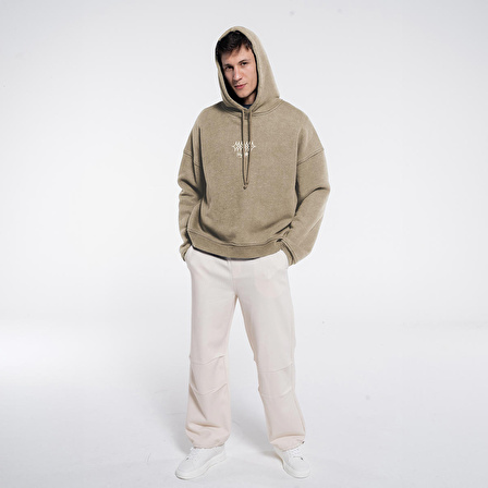 Velo Erkek Kahverengi Kapüşonlu Ekstra Oversize Sweatshirt Hoodie - Yıkama Efektli 3 İplik Kumaş | S