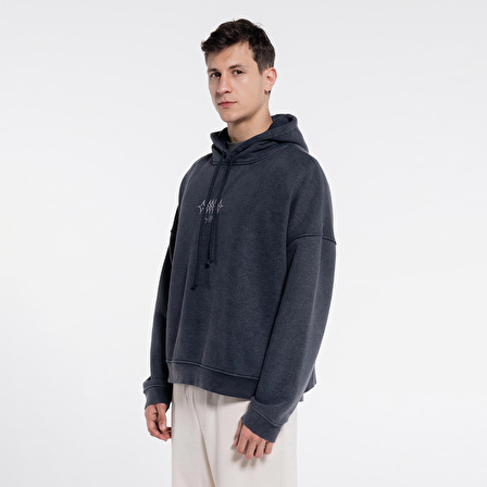 Velo Erkek Antrasit Kapüşonlu Ekstra Oversize Sweatshirt Hoodie - Yıkama Efektli 3 İplik Kumaş  | M