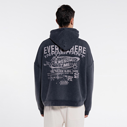 Velo Erkek Antrasit Kapüşonlu Ekstra Oversize Sweatshirt Hoodie - Yıkama Efektli 3 İplik Kumaş  | M