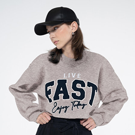Fast Kadın Gri Melanj Bisiklet Yaka Ekstra Oversize Crop Sweatshirt - Şardonlu 3 İplik | XL