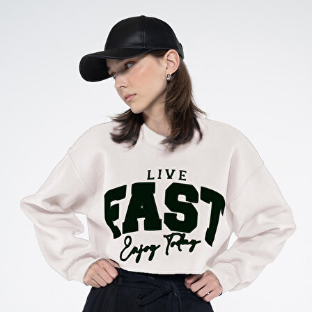 Fast Kadın Kırık Beyaz Bisiklet Yaka Ekstra Oversize Crop Sweatshirt - Şardonlu 3 İplik | L