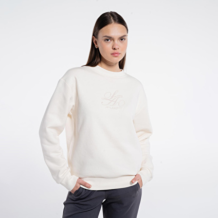 Dom Kadın Ekru Bisiklet Yaka Ekstra Oversize Sweatshirt - 3 İplik | XXS