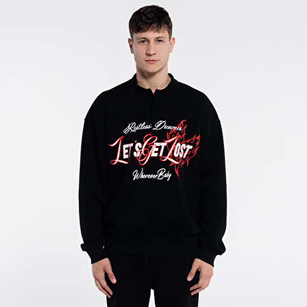 Stephan Erkek Siyah Ekstra Oversize Polo Yaka Sweatshirt - Şardonlu 3 İplik | XXS