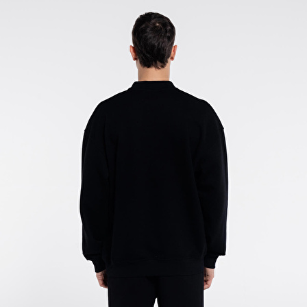 Stephan Erkek Siyah Ekstra Oversize Polo Yaka Sweatshirt - Şardonlu 3 İplik | XXS