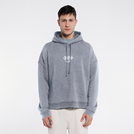 Velo Erkek Açık Mavi Kapüşonlu Ekstra Oversize Sweatshirt Hoodie - Yıkama Efektli 3 İplik Kumaş | M