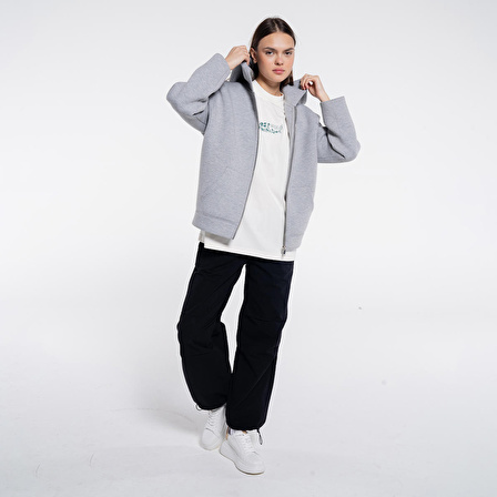 Panda Kadın Gri Melanj Kanguru Cepli Kapüşonlu Ekstra Oversize Sweatshirt Hoodie  - Scuba Kumaş | XL