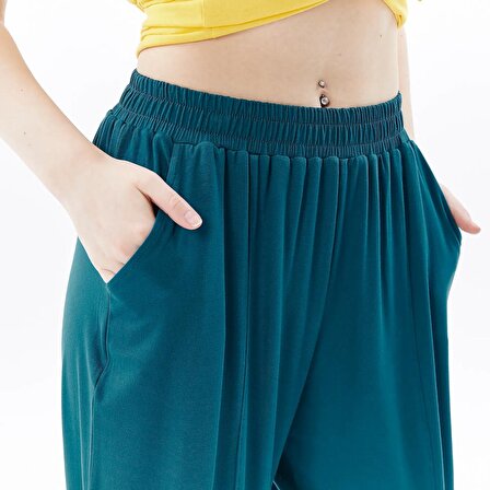 defy's Kadın Beli Lastikli Dikiş Detaylı Şalvar Pantolon Petrol