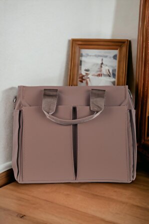 Moderna Saten Kumaş Uzun Askılı Fermuarlı Bölmeli Kadın Çantası Omuz Çantası 38x30x11 Tote Bag Vizon