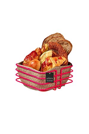 Pembe Oval Köşeli Kare Ekmek Sepeti Şık,ekmeklik Hasır Örmeli Makrome-çok Amaçlı Metal Paslanmaz