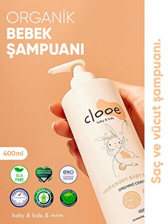 Clooe Organik Bebek & Çocuk Saç, Vücut Şampuanı (400ml) - pH Dengeli, Konak Önleyici