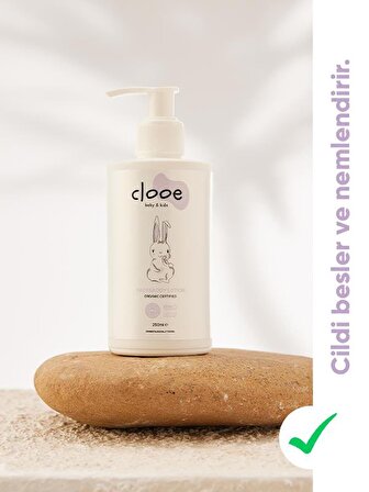 Clooe Organik Bebek Losyonu (250ml) - Argan Yağı, Zeytinyağı, Huş, Gül Suyu - Yenidoğan Kullanımına Uygun